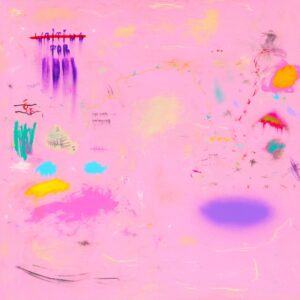 An abstract painting displaying a predominantly pink background with various scattered marks, scribbles, and smudges in different colors. Streaks of purple, blue, yellow, and teal are dispersed across the canvas, along with subtle lines and shapes. Some areas have more defined elements, like crossed-out text and rough and expressive strokes.